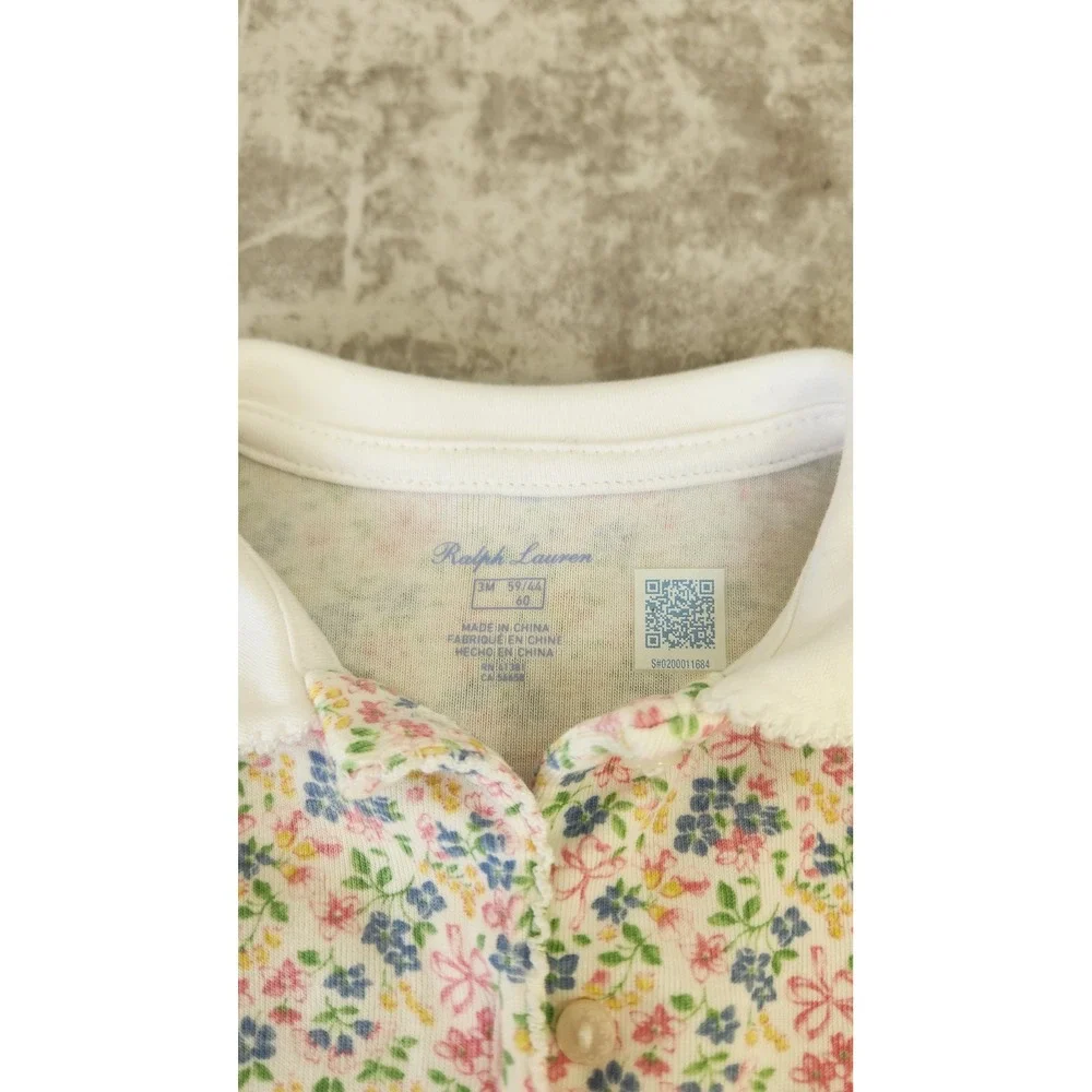 Ralph Lauren Floral One Piece Baby Girl 3M White Pink Footless Romper Bows